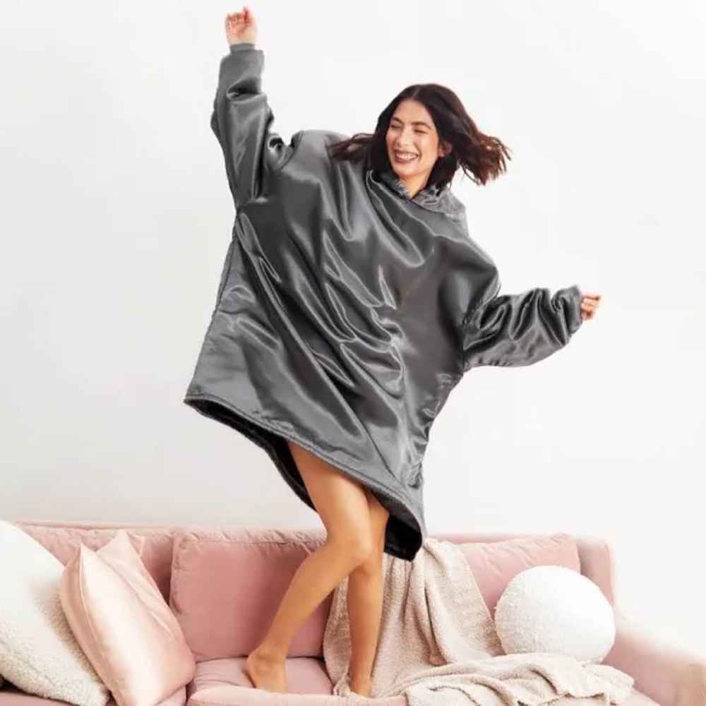 Kitsch Glazey Satin Hoodie Cozy Oversized Gray Hoodie Blanket NWT